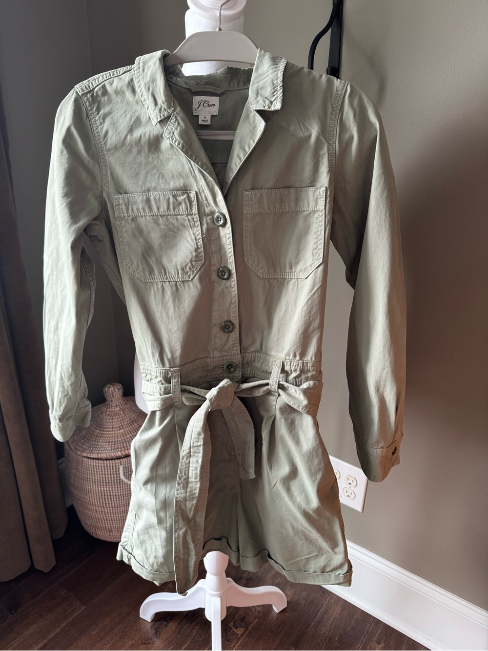 J. Crew Olive Green Utility Jacket Romper with Tie Waist